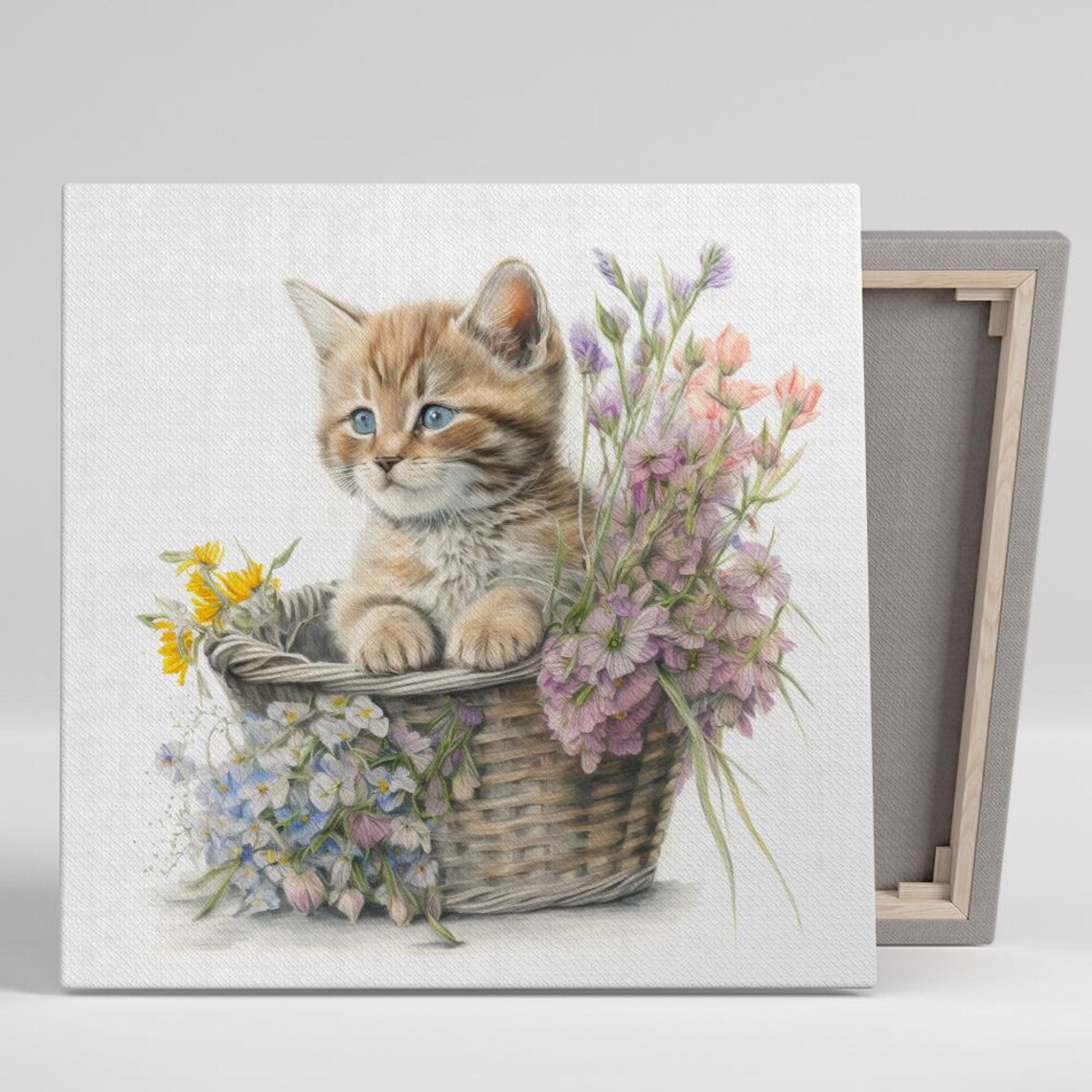Kitten Flower Basket Watercolor Blue Eyes Cute Floral Nursery Art Poster