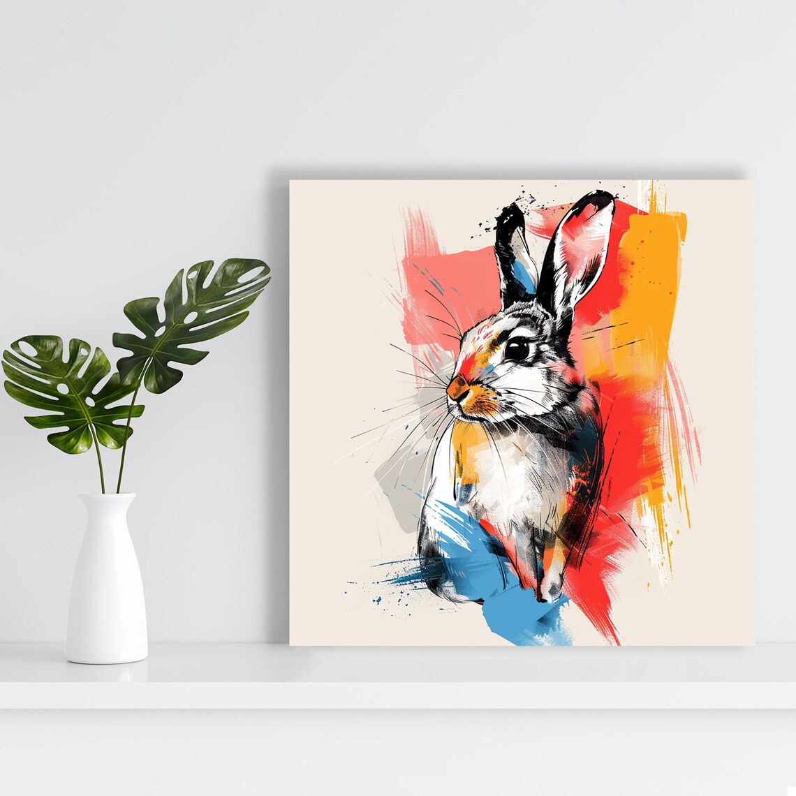 Vibrant Bunny Sketch Red Yellow Blue Paint Splash Animal Art Poster - Image 2