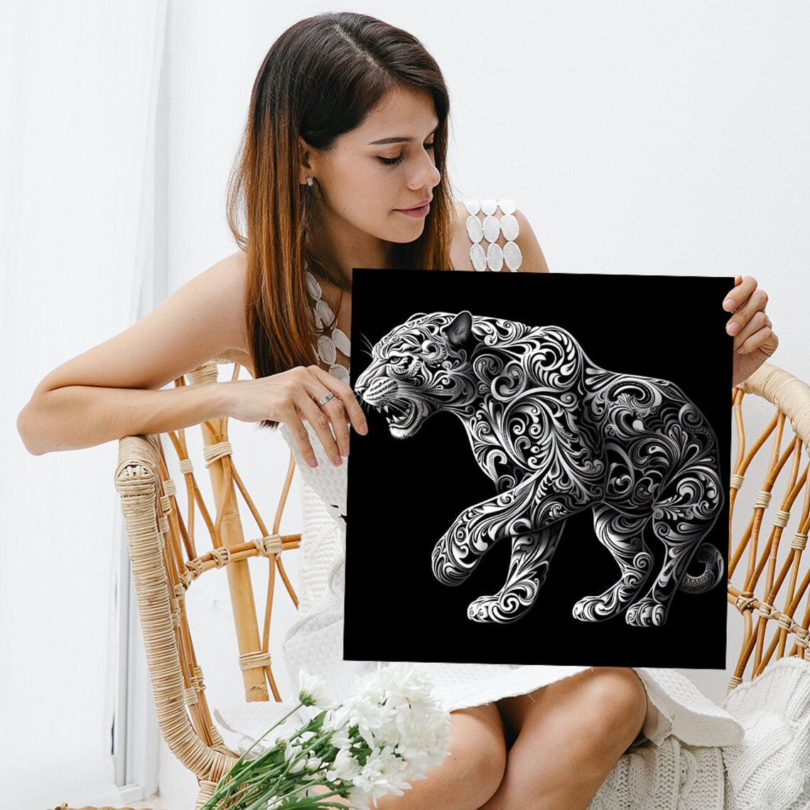 Ornamental Black Panther Tribal Filigree on Black Art Poster - Image 3