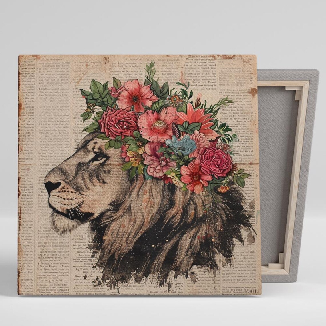 Floral Crown Lion, Vintage Bohemian Art Print