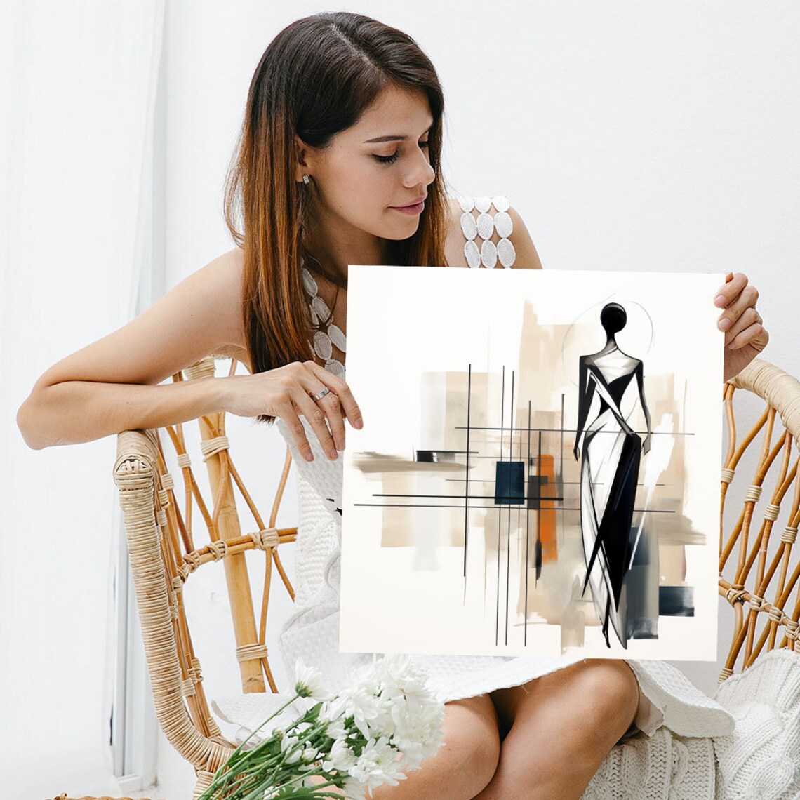 Fashion Illustration Woman In Flowing Gown Elegant Black White Art Poster - Image 3