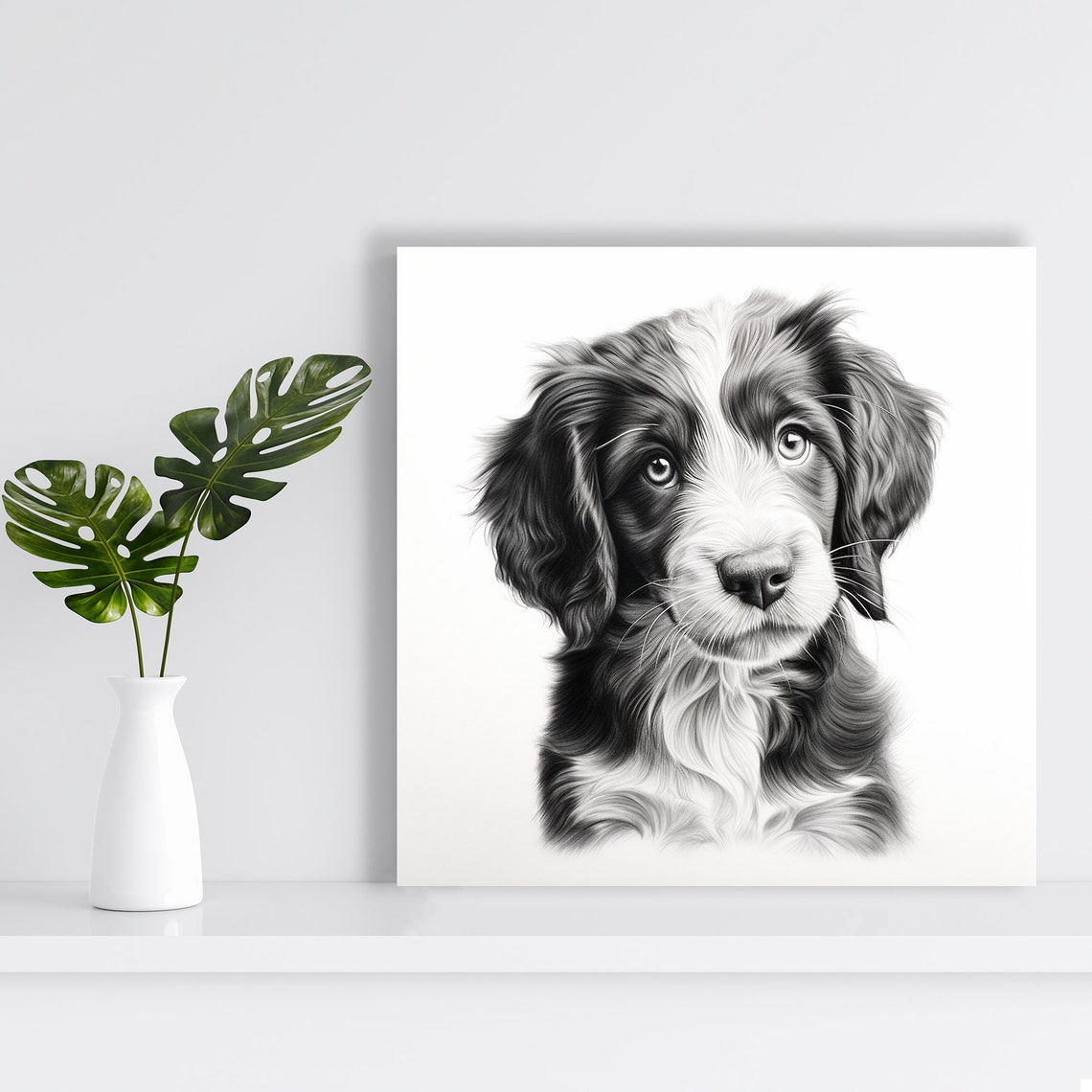 Black White Puppy Portrait Floppy Ears Sketch Style Cute Dog Poster - Image 2