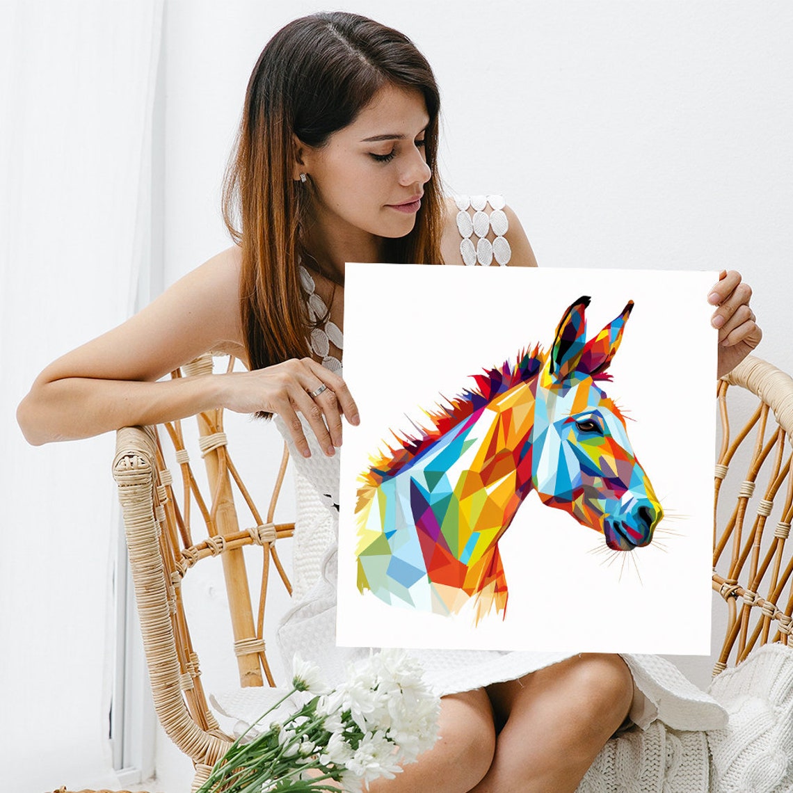 Geometric Donkey Portrait Poster Rainbow Low Poly Colorful Decor - Image 3