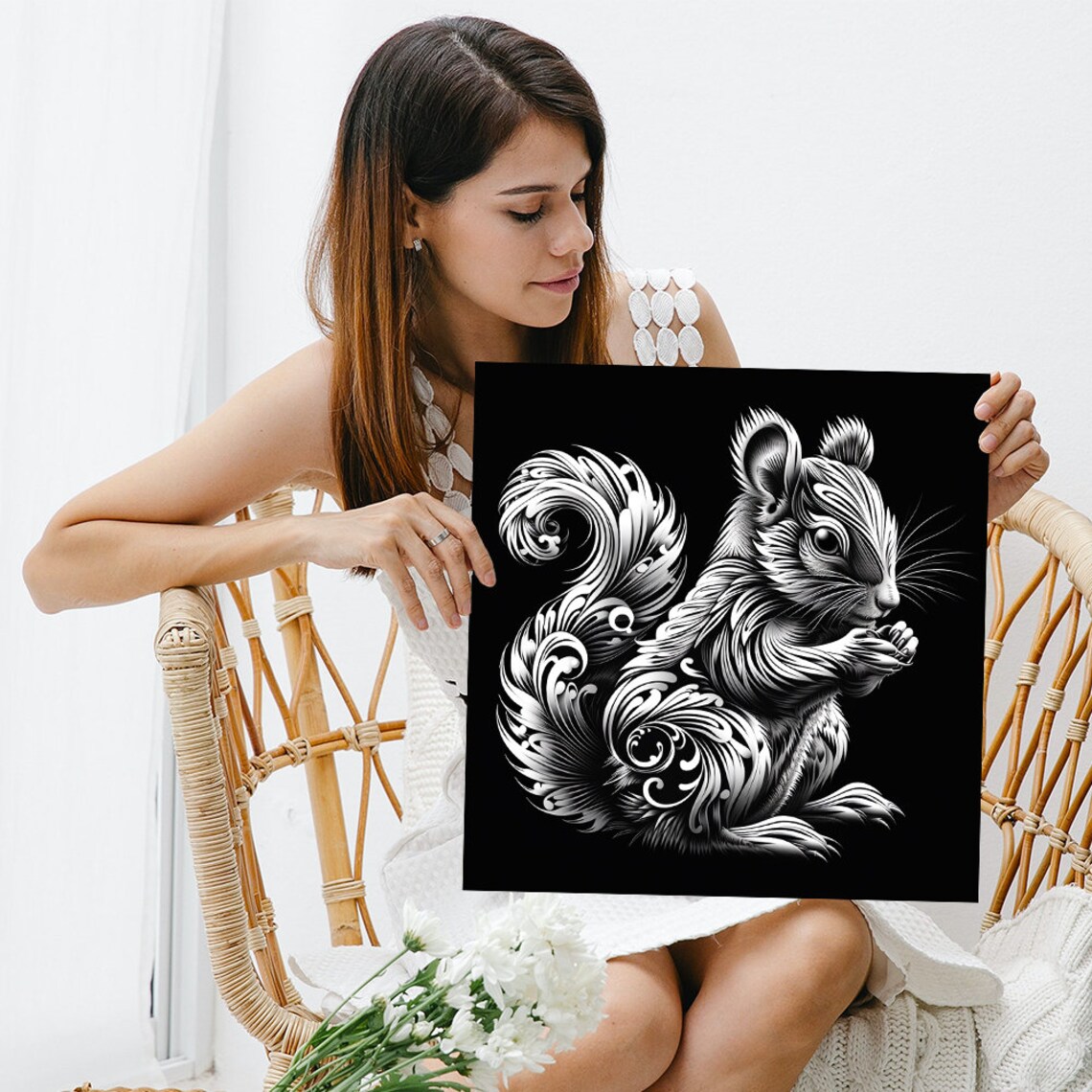 Squirrel Whimsical Nature Art Print, Black White - Image 3