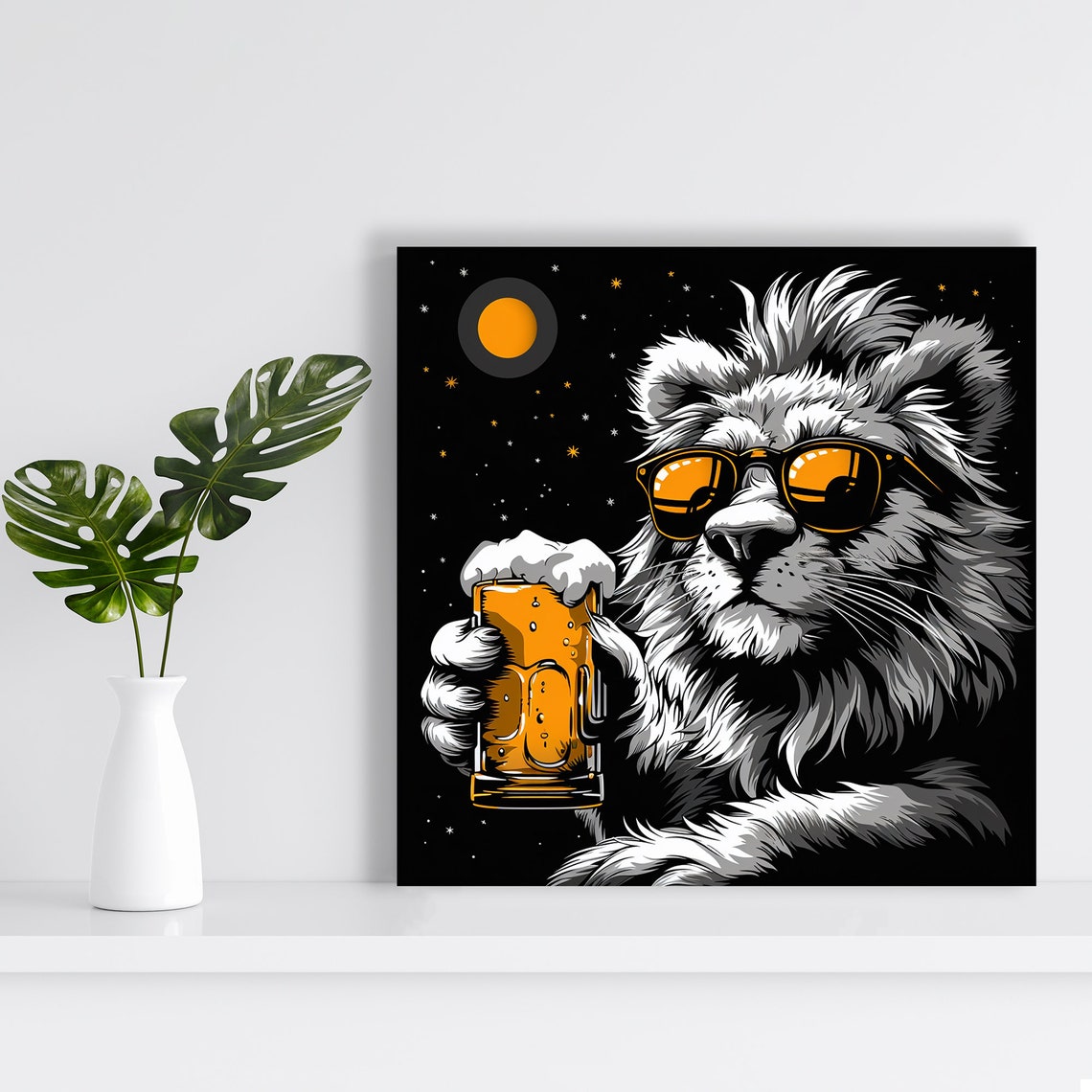 Cool Cat Beer Mug Sunglasses Night Sky Comic Pop Art Wall Poster - Image 2
