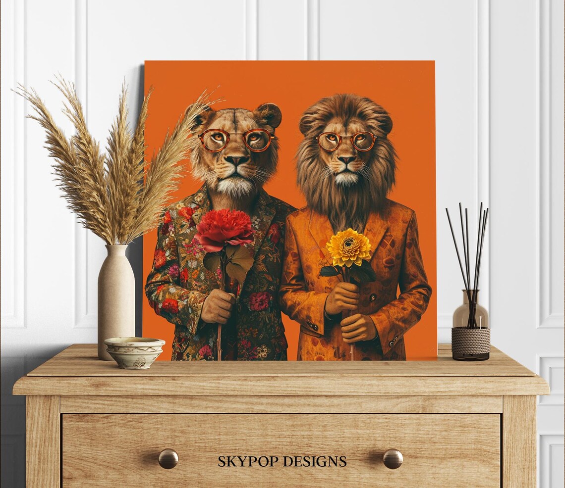 Dapper Lions In Bloom Retro Animal Decor Art Print - Image 2