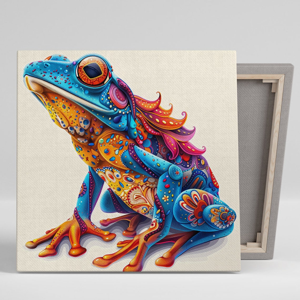Psychedelic Frog Blue Orange Ornate Swirl Pattern Eclectic Art Poster