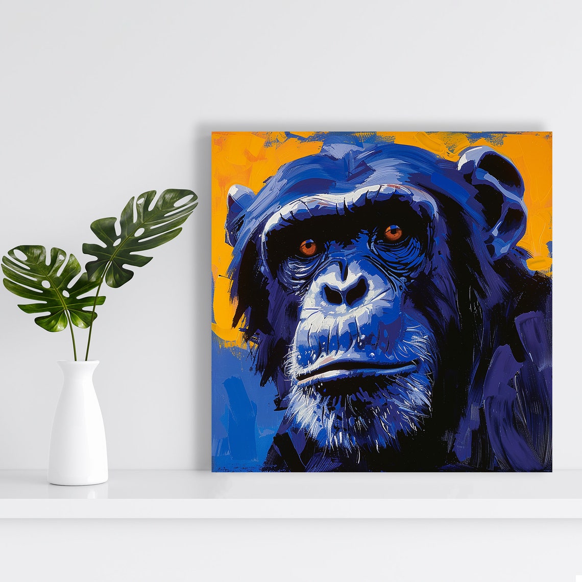 Blue Chimpanzee Pop Art Face Striking Orange Backdrop Poster - Image 2
