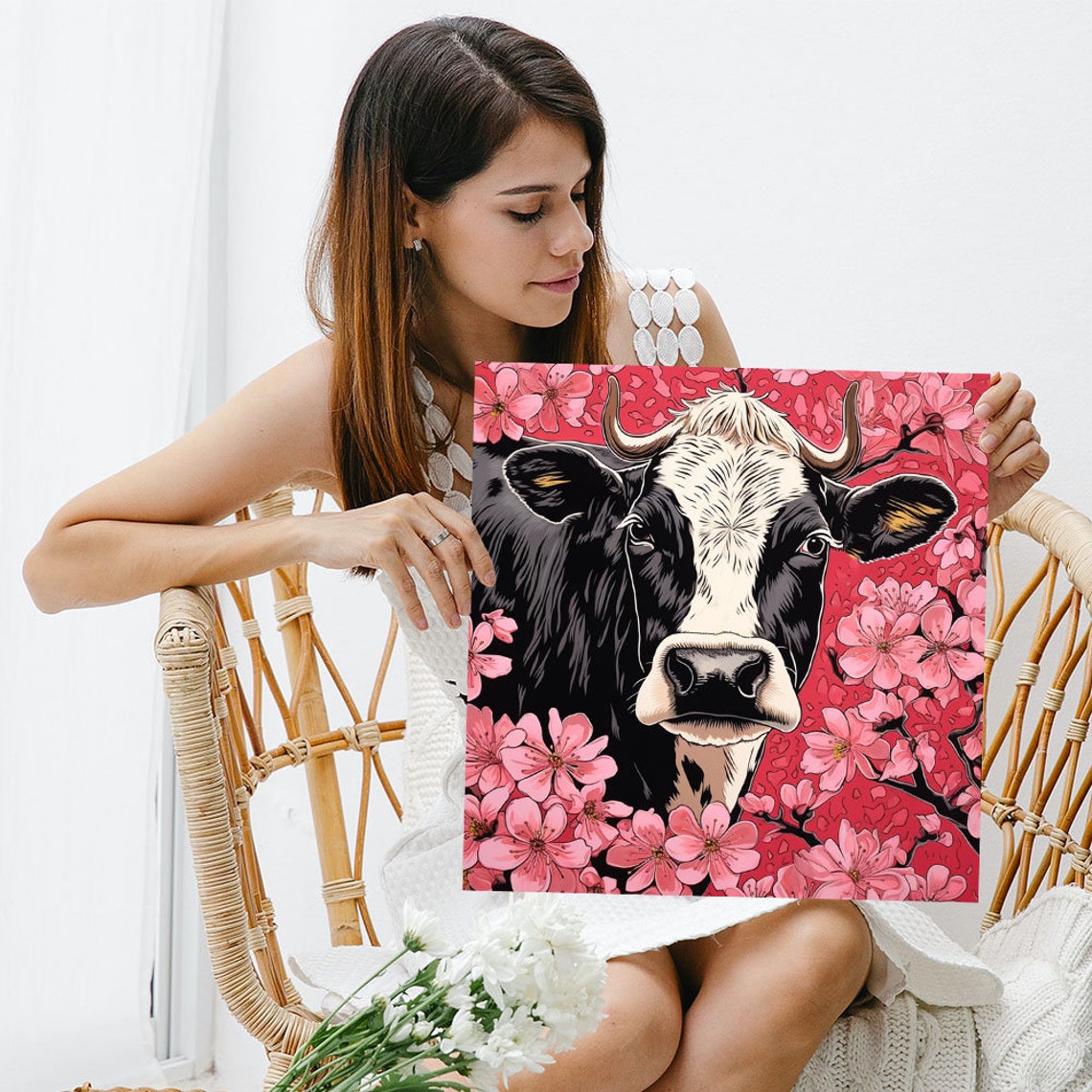 Black And White Cow Pink Cherry Blossoms Red Background Art Poster - Image 3