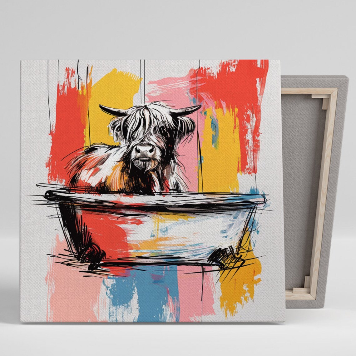 Highland Cow In Bathtub Sketch Watercolor Fun Bathroom Art Poster