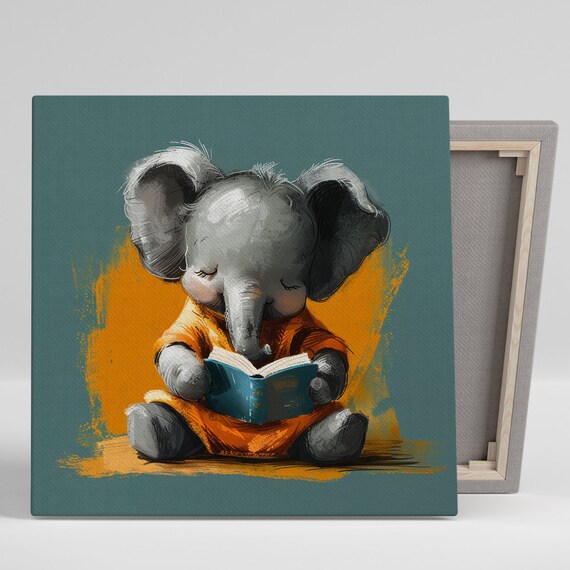 Baby Elephant Reading Blue Book Cozy Kids Nursery Wall Poster