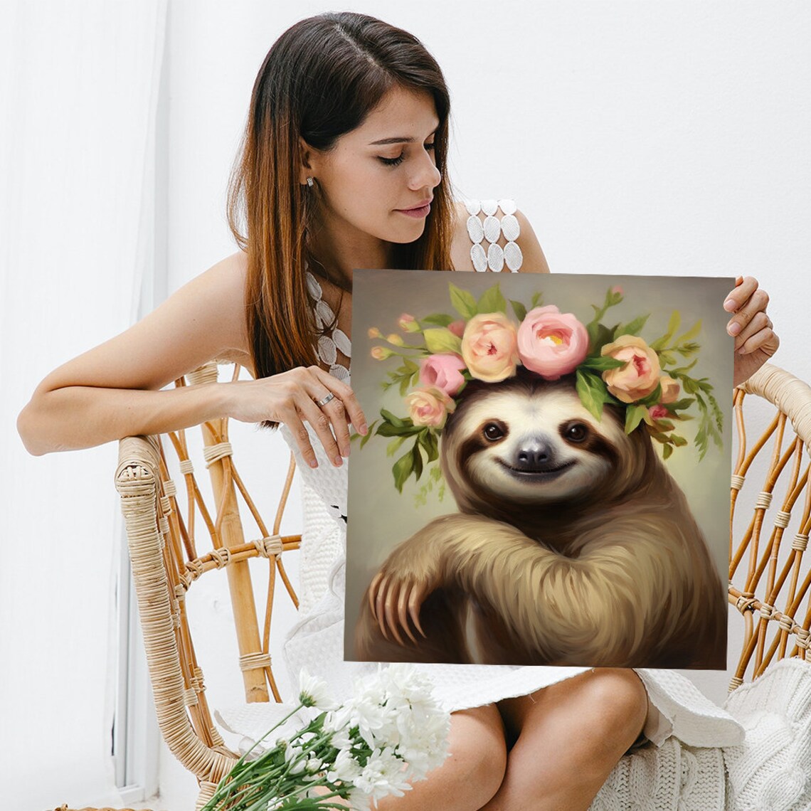 Smiling Sloth Pink Flower Crown Sweet Nursery Animal Wall Art - Image 3