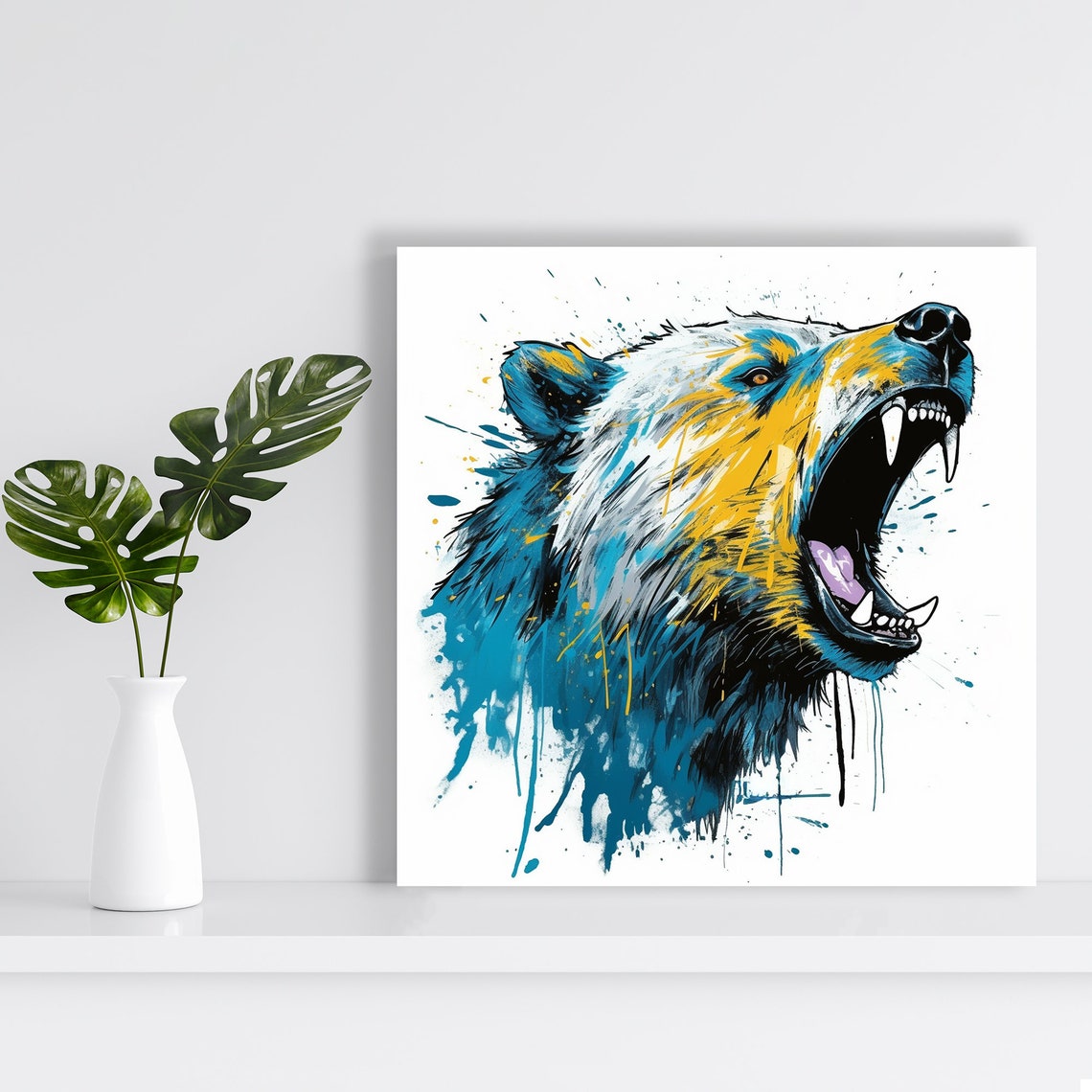 Roaring Bear Street Art Blue Yellow Paint Splash Bold Animal Poster - Image 2
