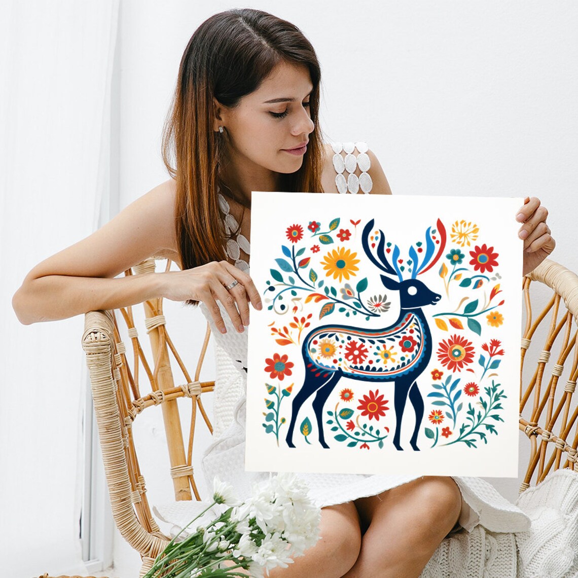 Scandinavian Folk Art Deer With Patterned Body Red Orange Flowers Poster - Image 3