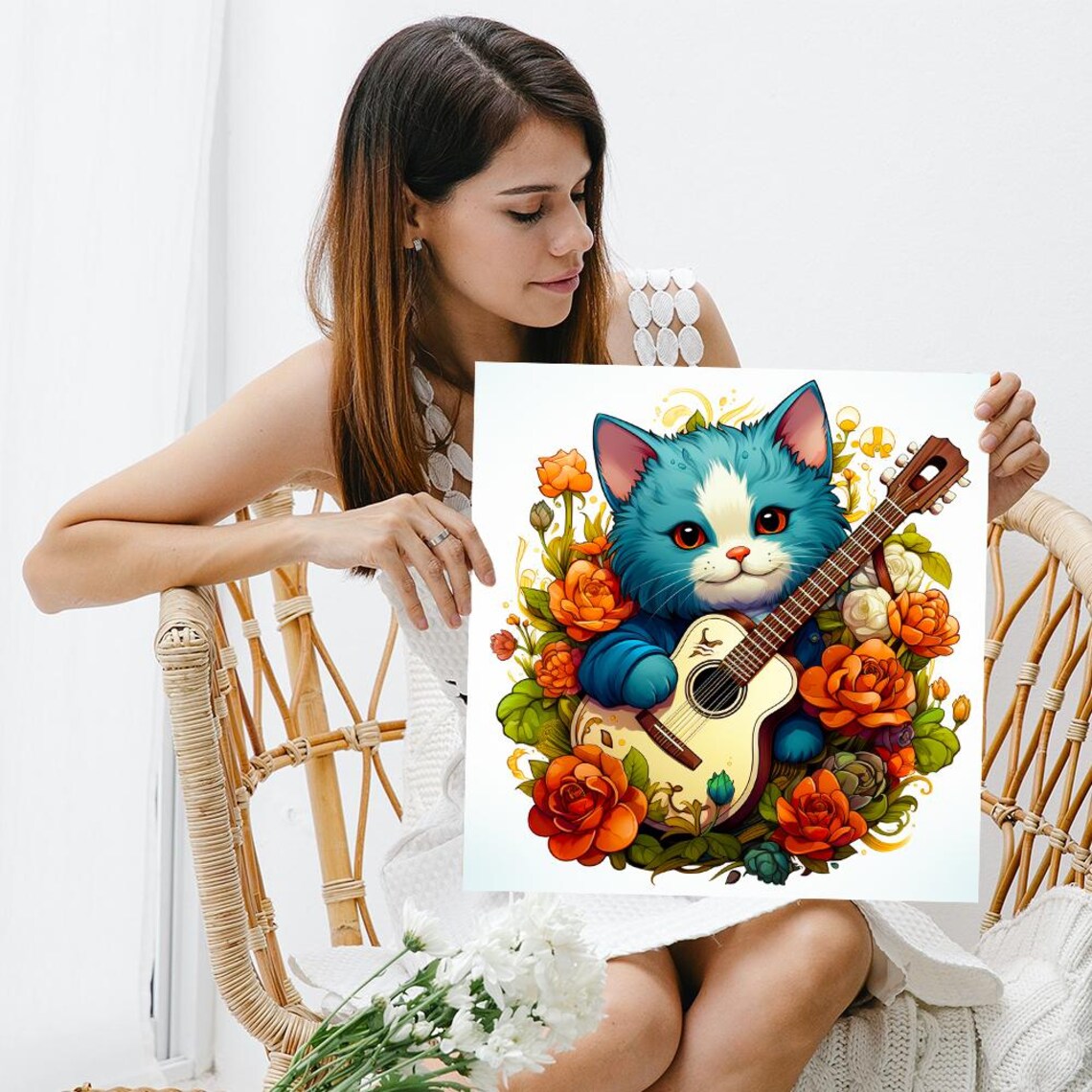 Blue Kitten With Guitar Surrounded by Orange Roses Cute Cat Wall Poster - Image 3