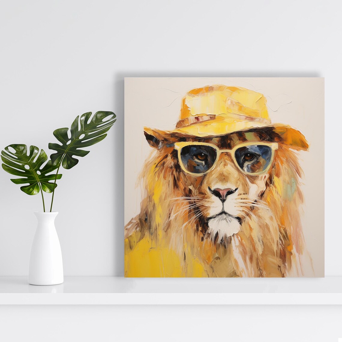 Lion Wearing Sunglasses Yellow Safari Hat Impressionist Portrait Wall Art Poster - Image 2