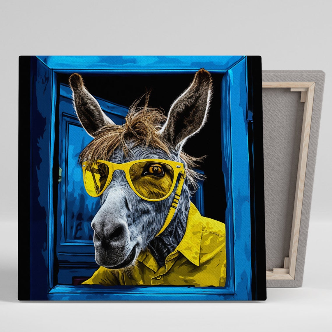 Donkey in Yellow Sunglasses Blue Window Frame Fun Pop Poster