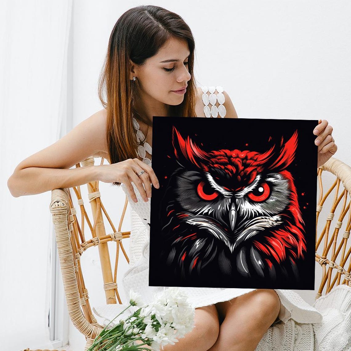 Gothic Red Eyed Owl Portrait Dramatic Black Background Wildlife Poster - Image 3
