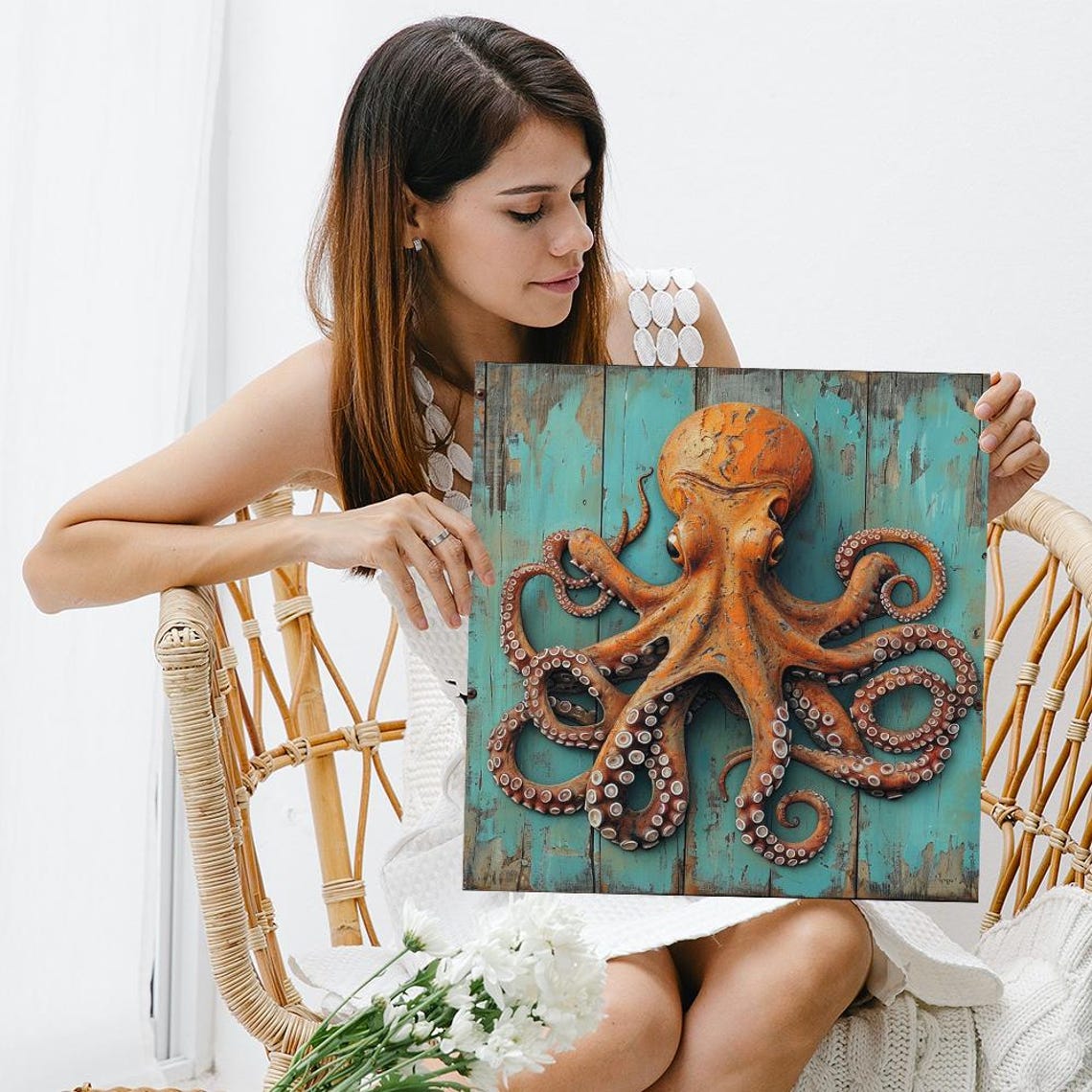Rustic Orange Octopus Wood Carving Turquoise Coastal Animal Art Poster - Image 3
