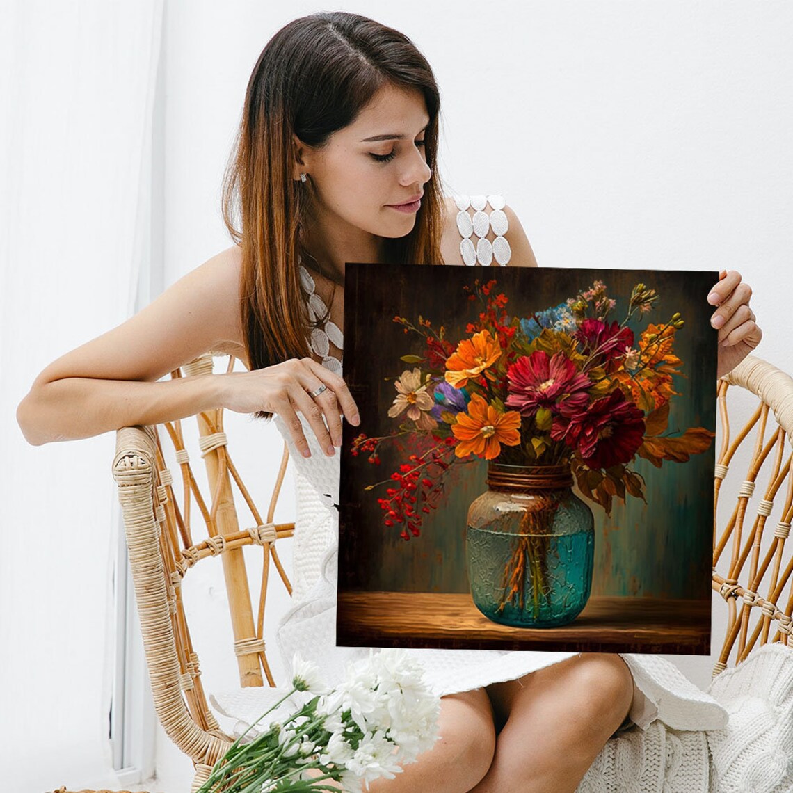 Autumn Cosmos Red Peony Bouquet Turquoise Glass Jar Floral Poster - Image 3