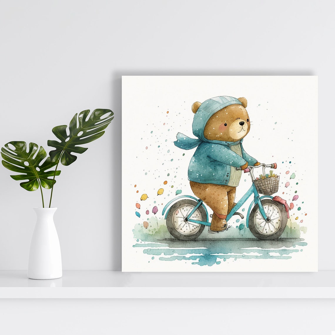 Teddy Bear Riding Blue Bicycle Flower Basket Watercolor Nursery Poster - Image 2