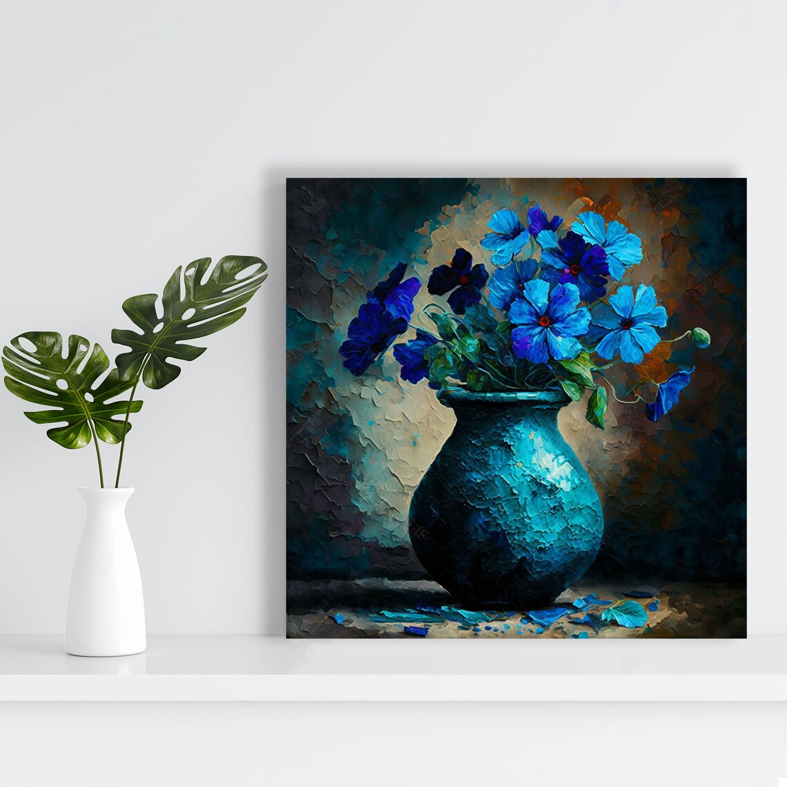 Blue Blossom Bouquet Textured Teal Vase Impasto Moody Floral Poster - Image 4