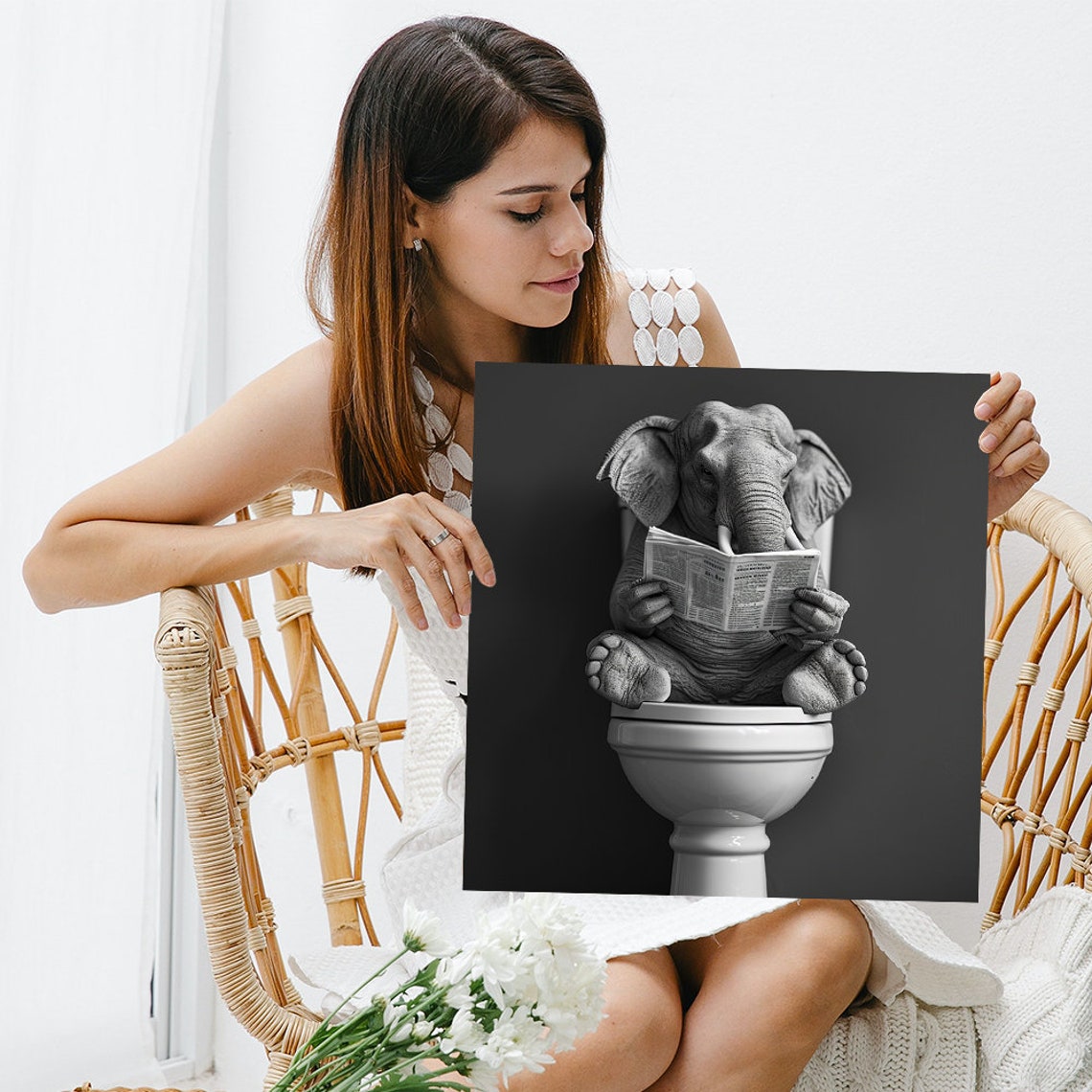 Elephant Reading Newspaper On Toilet Funny Bathroom Wall Art Poster - Image 3