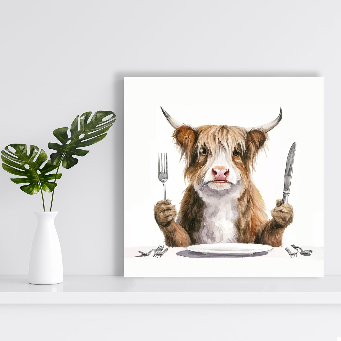 Highland Cow Holding Fork and Knife Funny Farmhouse Kitchen Poster - Image 2