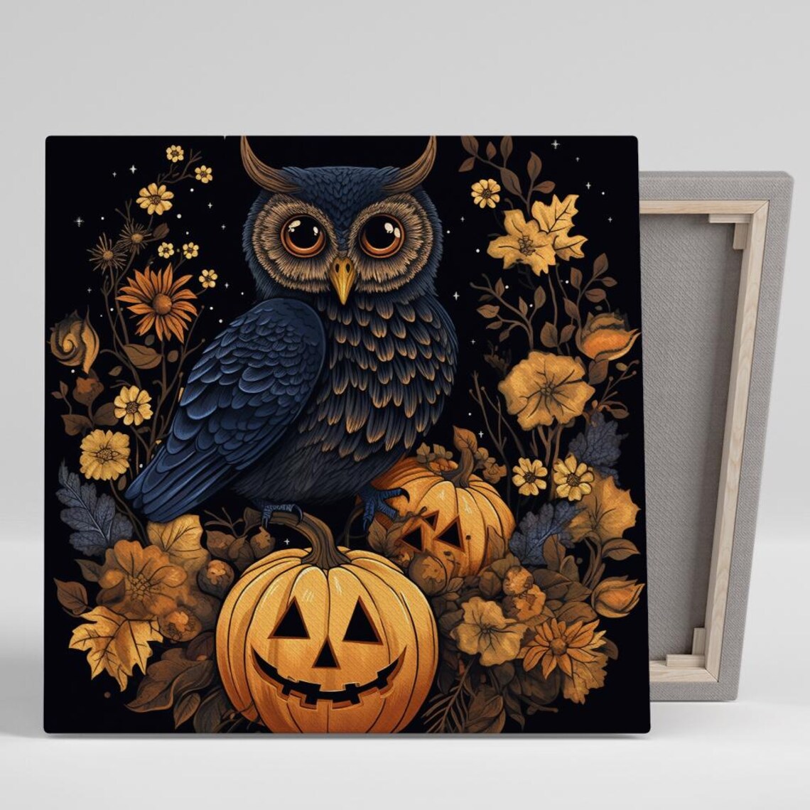 Mystical Owl Halloween Night Pumpkins Autumn Floral Dark Art Poster