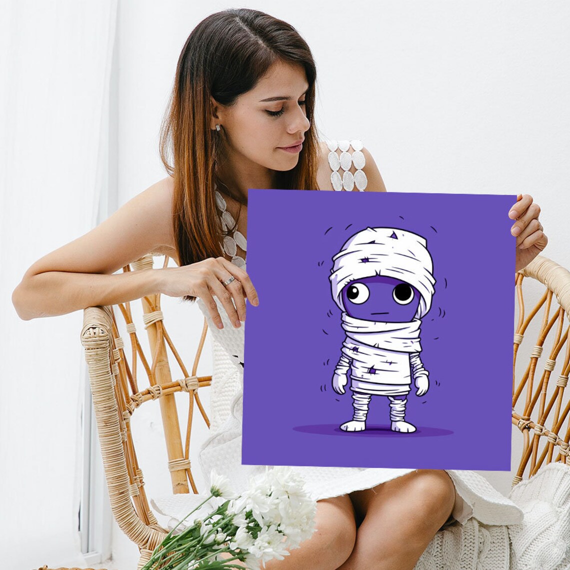 Cute Cartoon Mummy Purple Background Kids Halloween Art Poster - Image 3