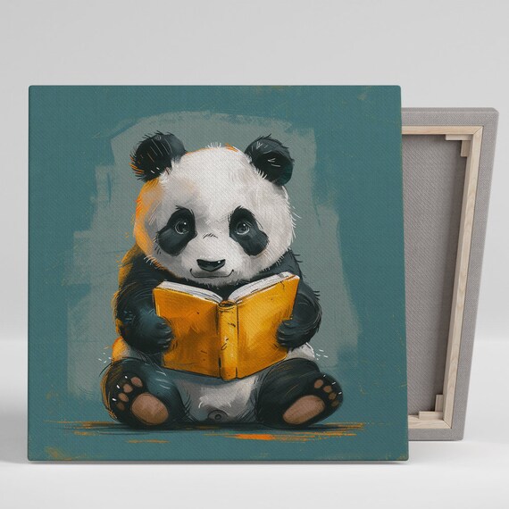Bookworm Panda Baby Panda Reading Yellow Book Teal Background Wall Poster