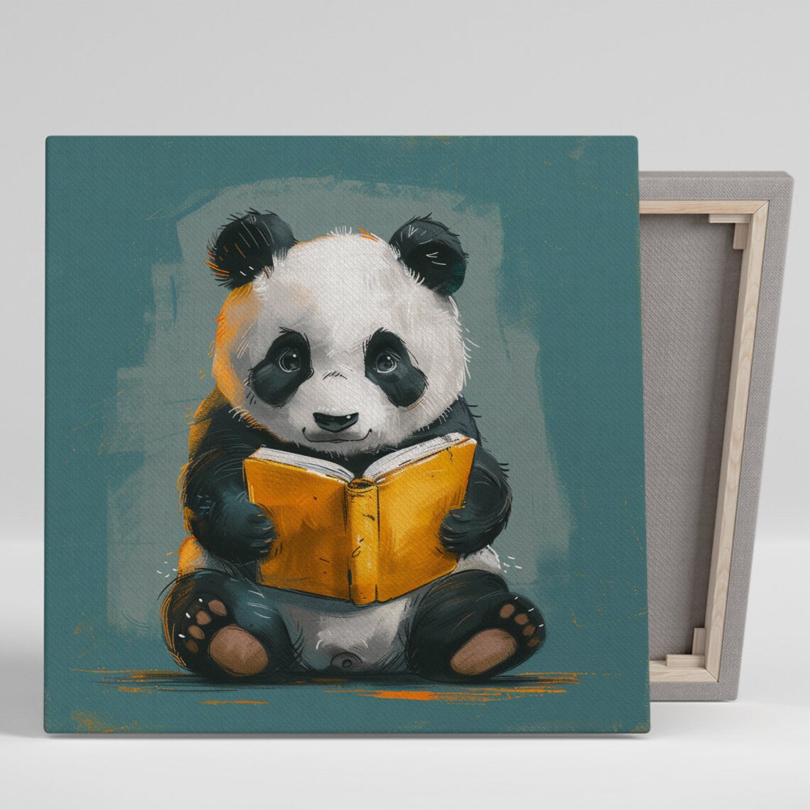 Bookworm Panda Baby Panda Reading Yellow Book Teal Background Wall Poster