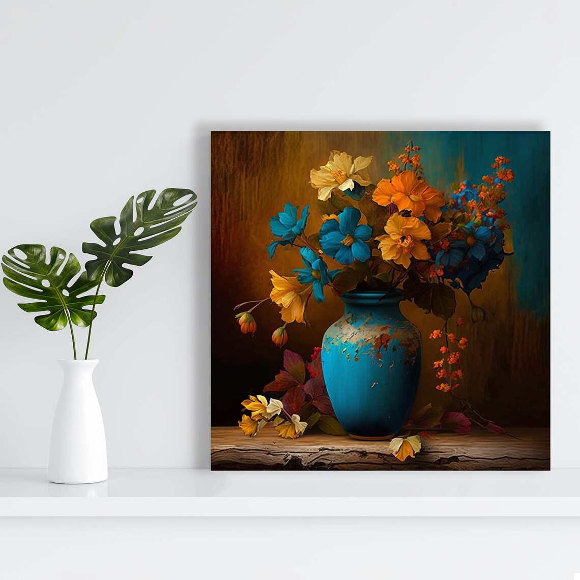 Golden Wildflower Bouquet Turquoise Vase Classic Still Life Art Poster - Image 3