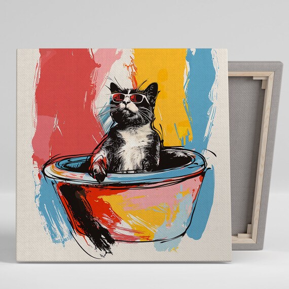 Cool Cat In Bowl With Red Sunglasses Playful Pop Art Wall Poster