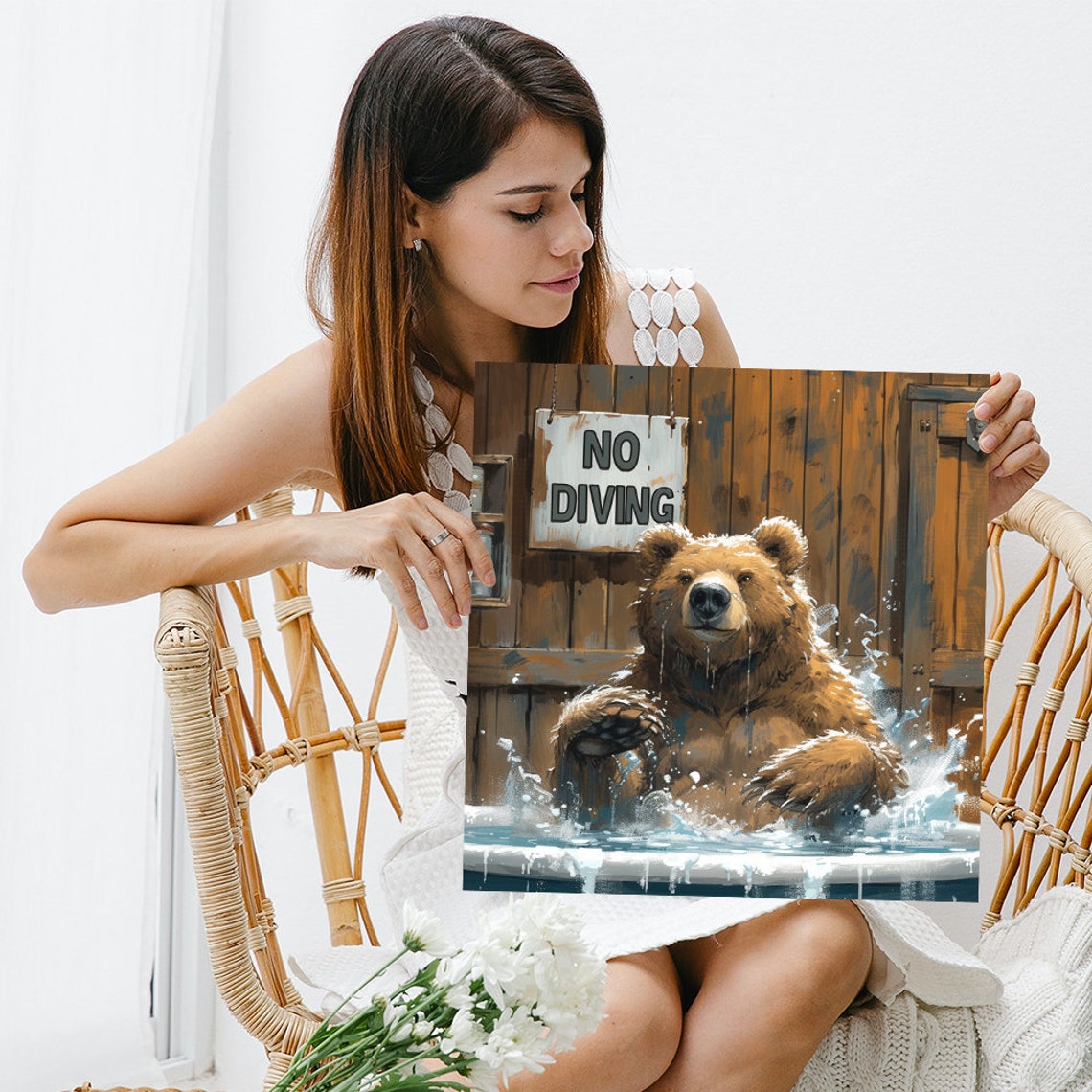 Bear Splashing Bath No Diving Sign Funny Rustic Animal Wall Poster - Image 3