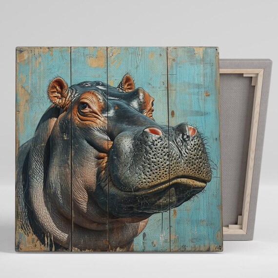 Hippo Close Up Portrait On Weathered Blue Wooden Planks Art Poster