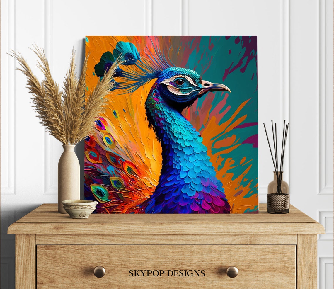Rainbow Peacock Portrait Orange Teal Background Bold Bird Art Poster - Image 3