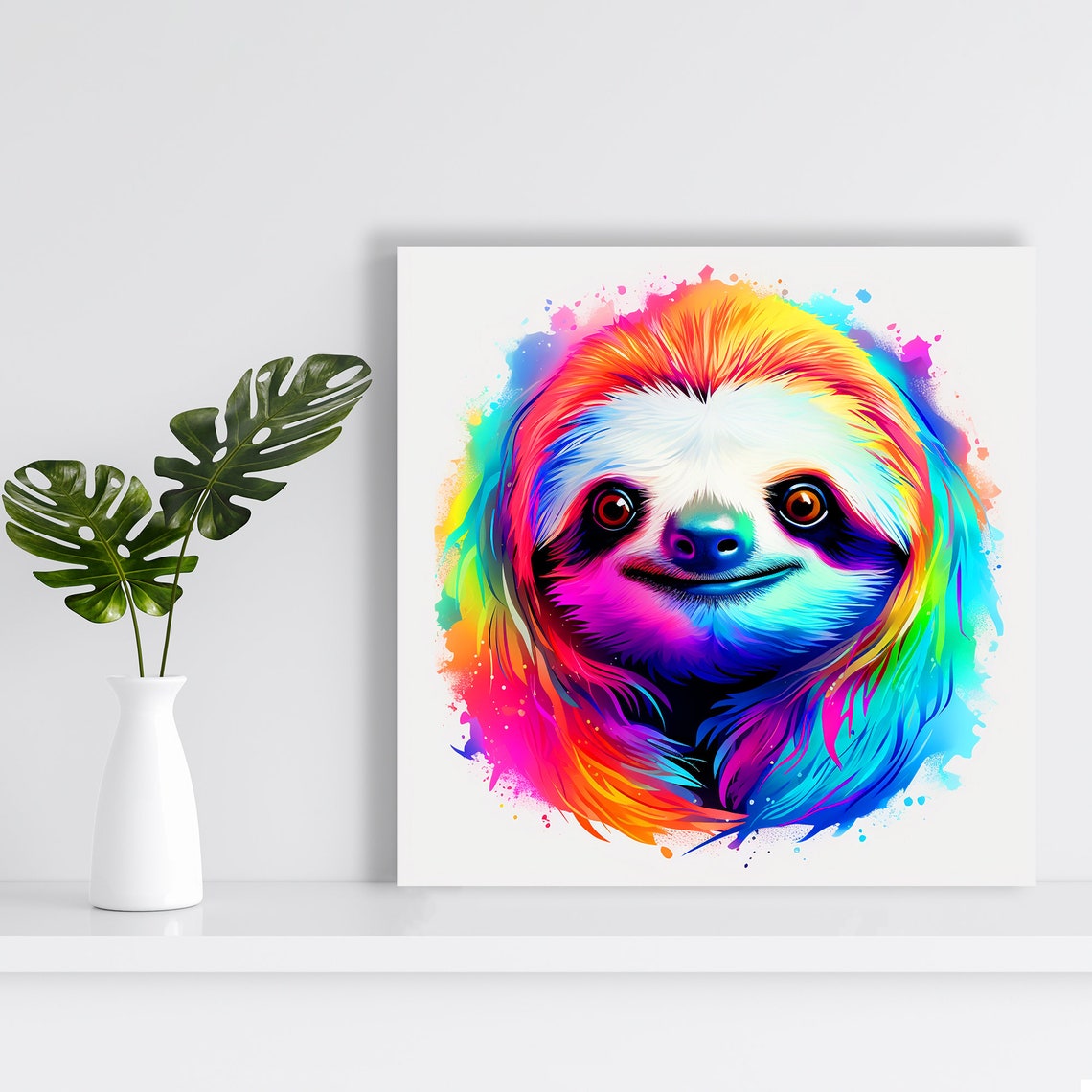Rainbow Watercolor Sloth Smiling Joyful Kids Wall Art Poster - Image 2