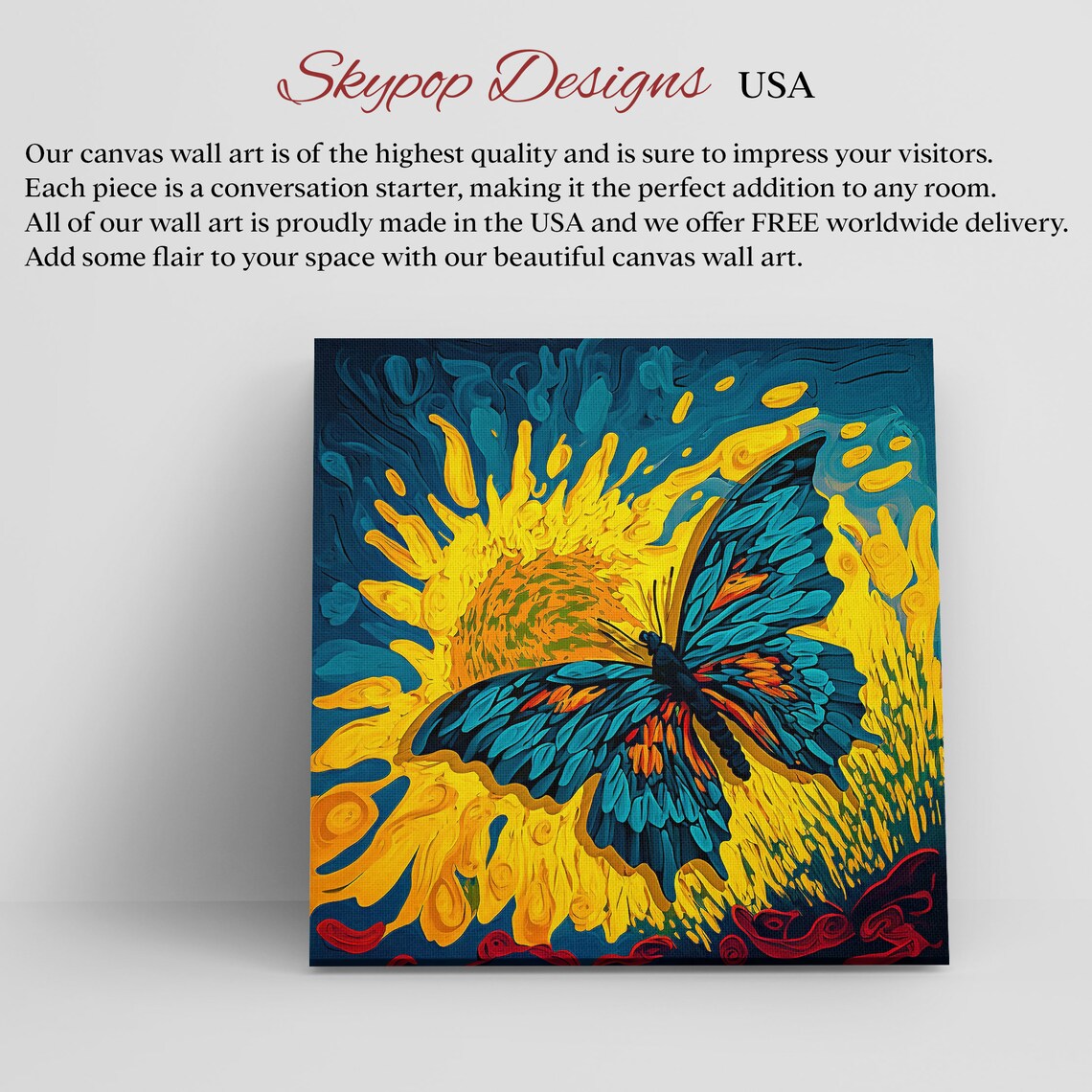 Blue Butterfly On Sunflower Van Gogh Style Swirling Color Art Poster - Image 2