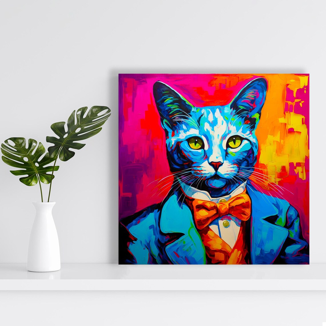 Dapper Cat Gentleman Blue Suit Orange Bow Tie Neon Pop Art Wall Art Poster - Image 2