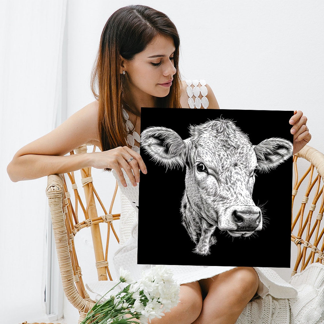 Black White Cow Sketch Pencil Drawing Minimalist Dramatic Wall Poster - Image 3