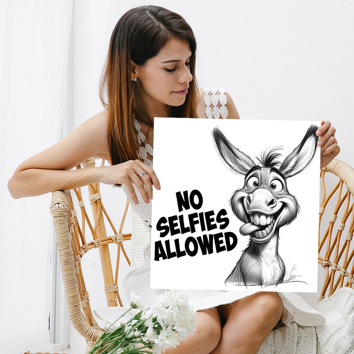 No Selfies Allowed Grinning Donkey Funny Quote Bathroom Animal Poster - Image 3