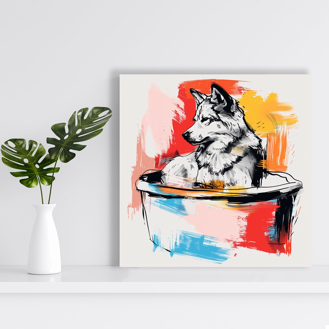 Husky Bath Time Ink Sketch Dog In Tub Colorful Brushstrokes Wall Poster - Image 2