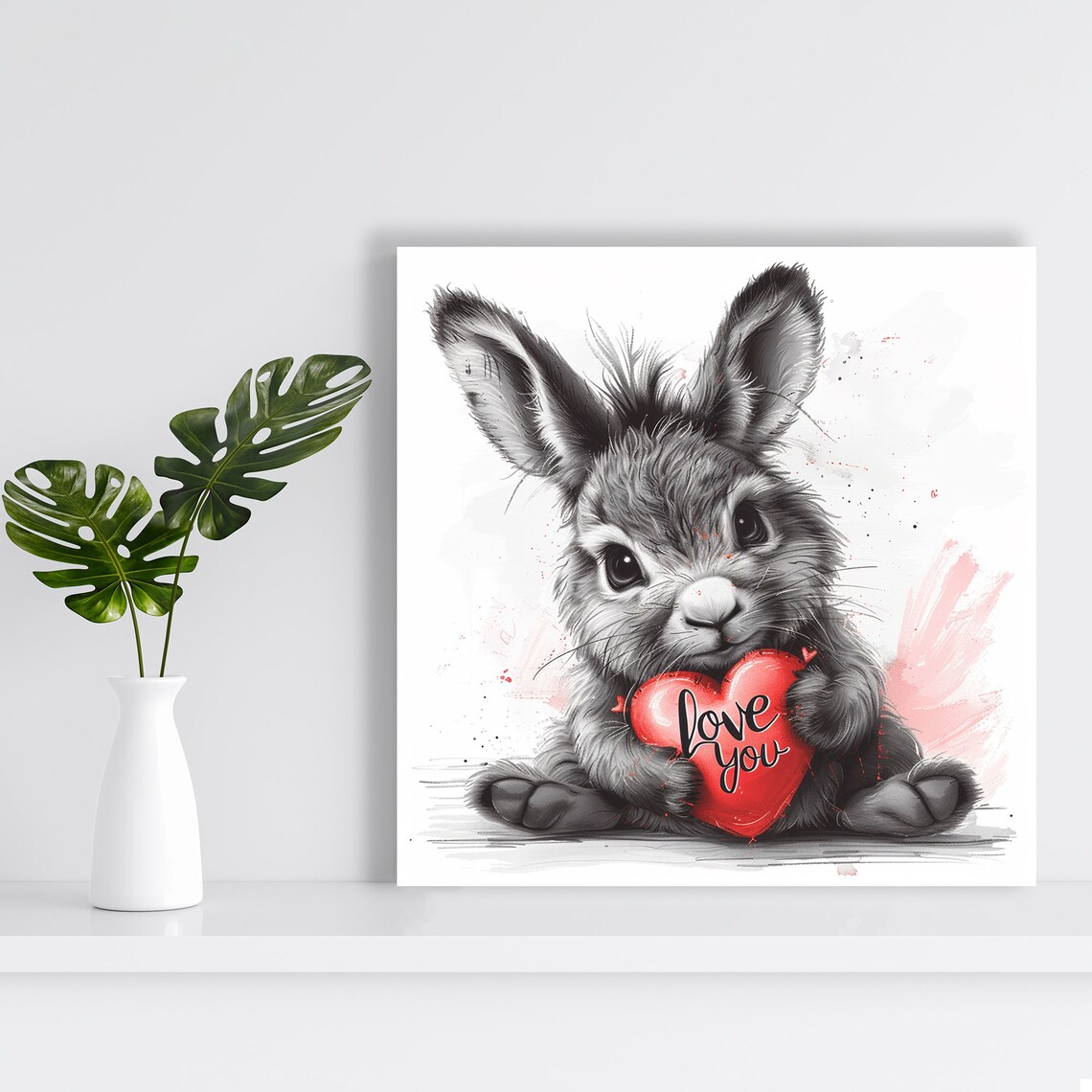 Adorable Bunny Holding Love You Heart Sketch Ink Nursery Wall Art Poster - Image 2