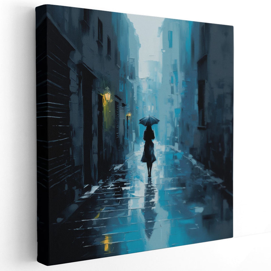 Rainy Night Alley Umbrella Woman Blue Moody Street Painting Poster - Image 2