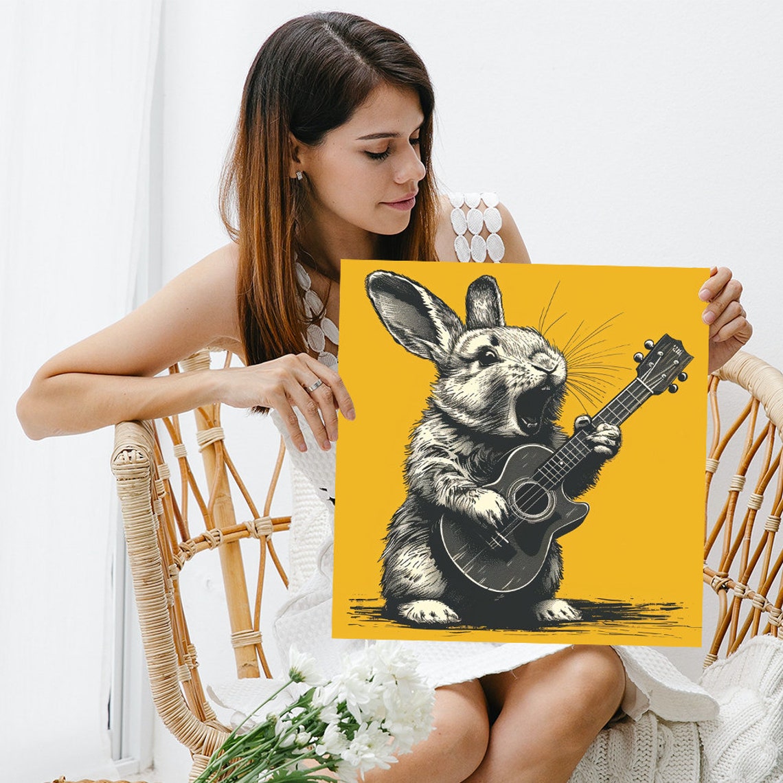Rockstar Rabbit Playing Guitar Vintage Music Sketch Yellow Poster - Image 3