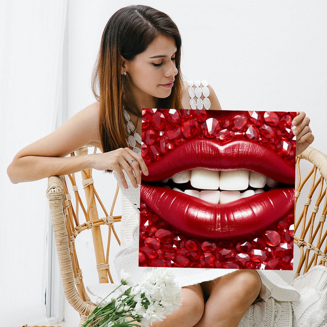 Glossy Red Lips Surrounded By Sparkling Red Jewels Glam Beauty Poster - Image 3