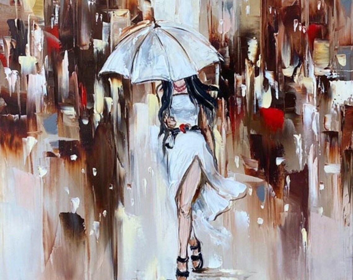Woman With Umbrella Rainy City Street White Dress Abstract Art Poster - Image 3
