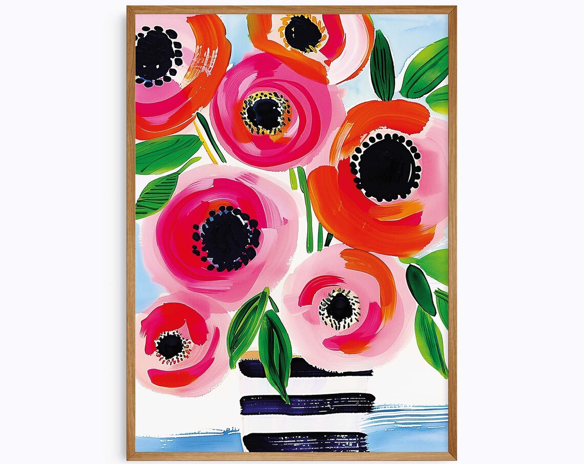Pink Poppy Bouquet Striped Vase Maximalist Floral Art Poster