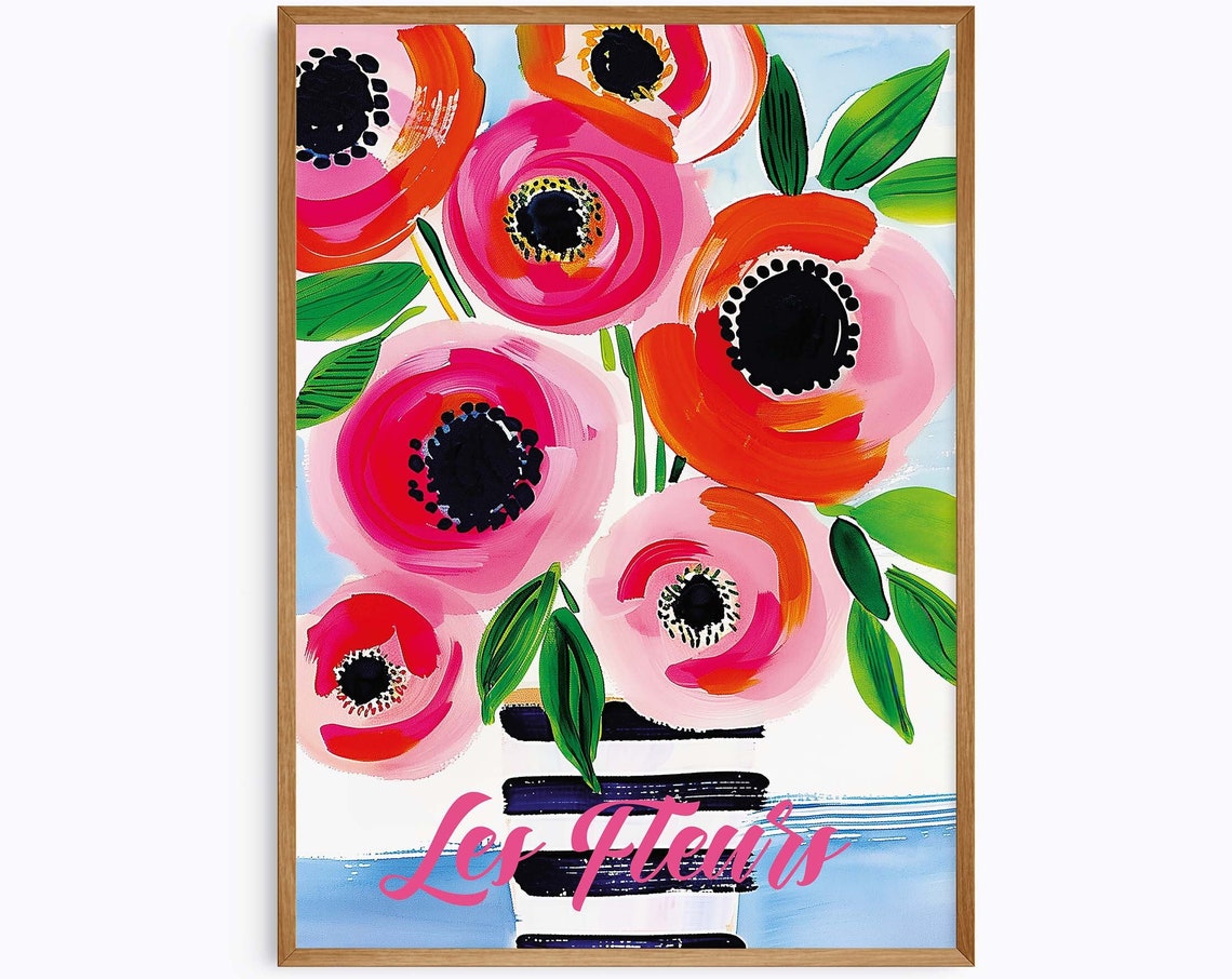 Les Fleurs Pink Poppy Bouquet Maximalist Floral Bouquet Art Poster